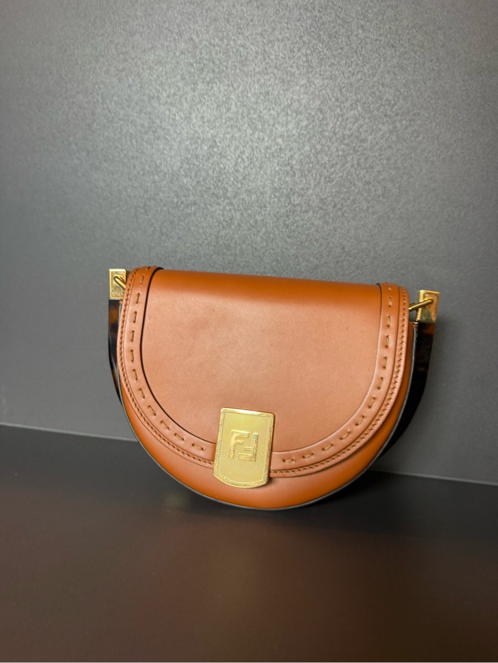 Fendi Tan Leather Crescent Crossbody with Gold Hardware